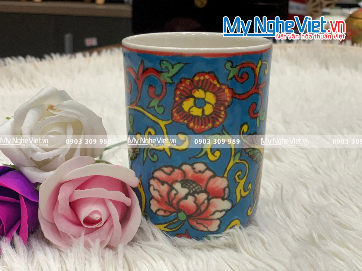 Set quà tặng ly sứ không quai màu vẽ hoa + Hộp xi MNV-HBT12/3